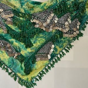 Bellydance hip scarf silver coins green yellow tie-dye Bollywood ethnic belt